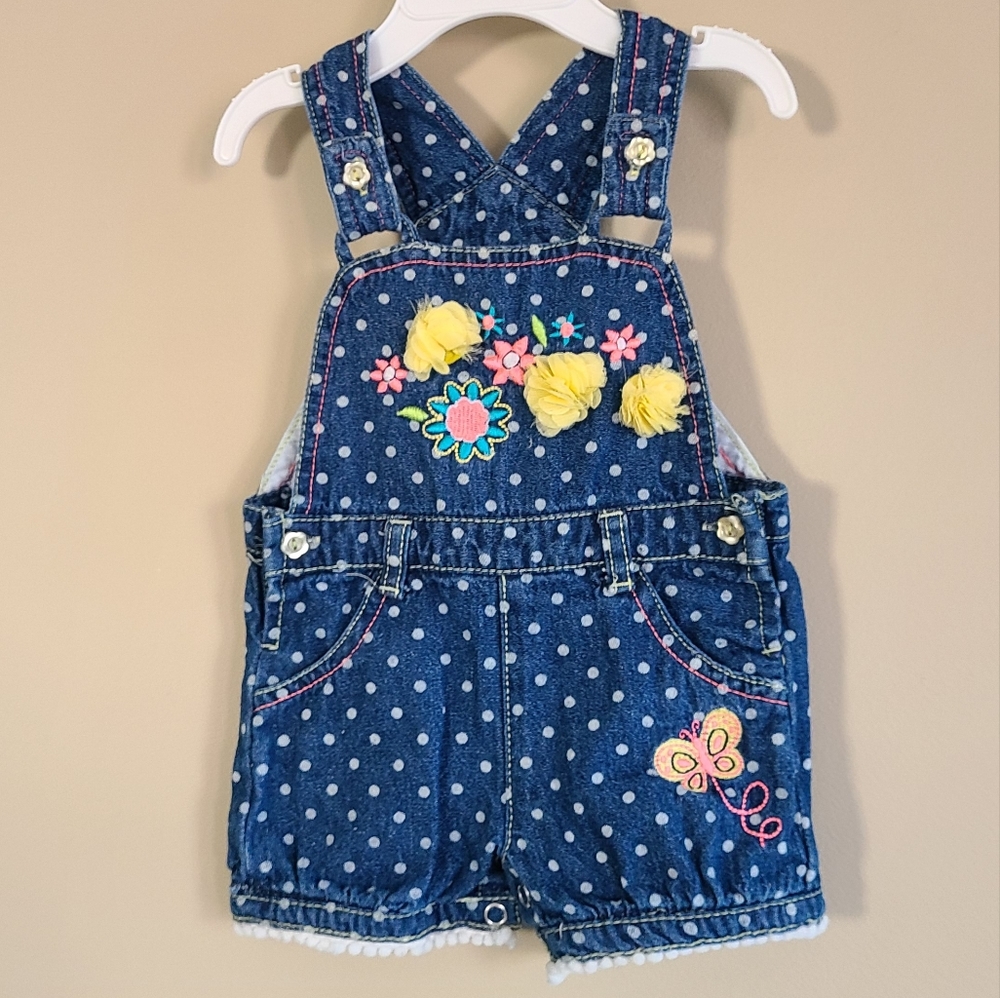 Adorable polka dot embroidered denim shortalls